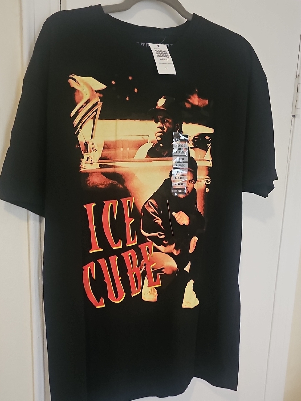 Hot Topic Black Tee with Orange and Red Ice Cube Graphic
